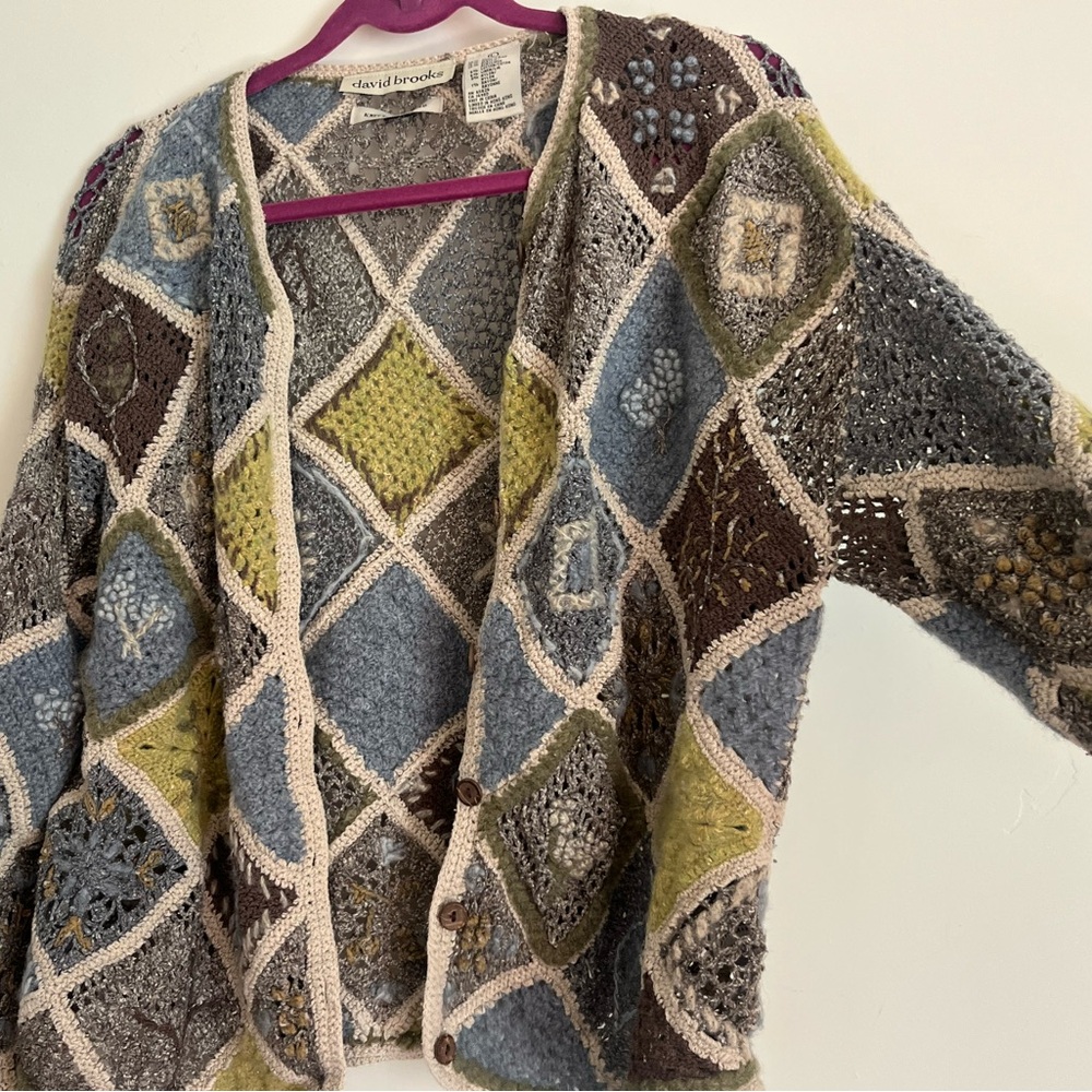 david brooks Multicolor Patchwork Cardigan - Blue/Green/Brown/Cream